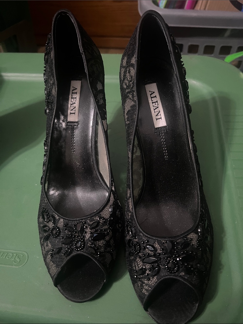 Alfani Black Beaded Lace Peep-Toe Heels